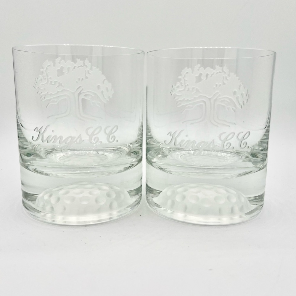 1992 Sterling Crystal Cut Glass 2 Golf Double Old Fashion Glasses Kings C.C. EUC